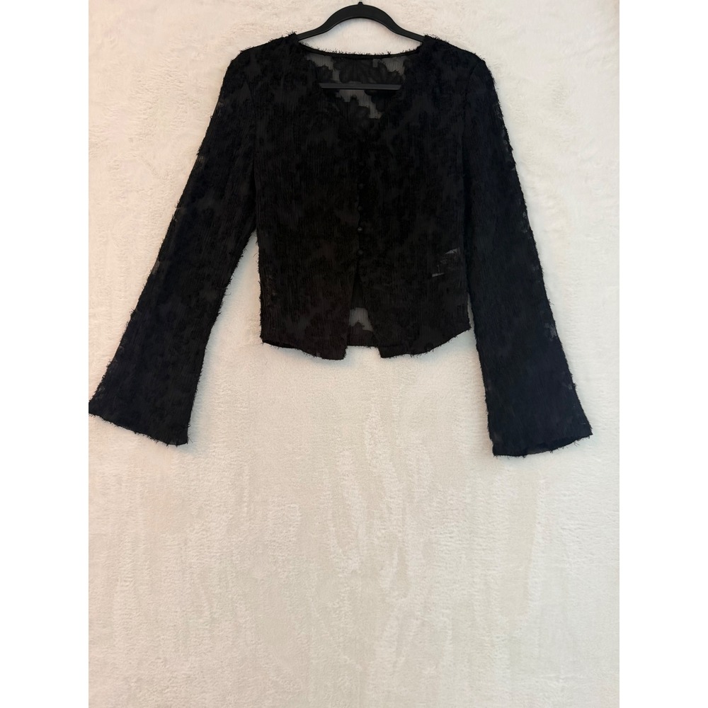 Commense Black Sheer Eyelash Textured Button Up Top Long Flare Sleeve XS